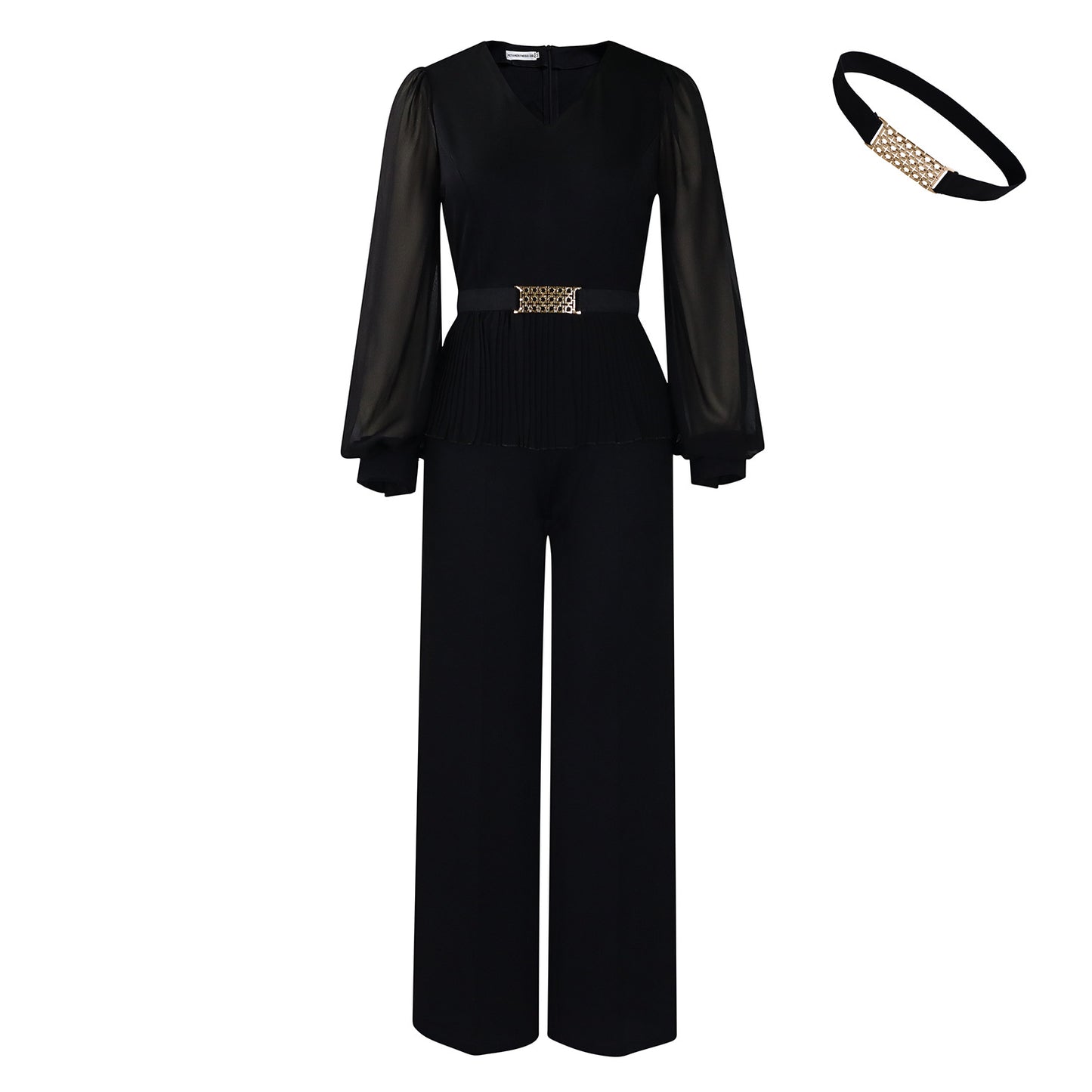 Damen Eleganter Jumpsuit mit plissiertem Oberteil und voluminösen Ärmeln Stalluxe
