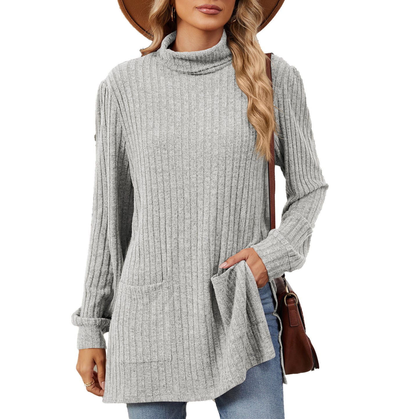 Damen elegantes Oberteil aus strukturierter Strickware mit Stehkragen und Seitentaschen Stalluxe