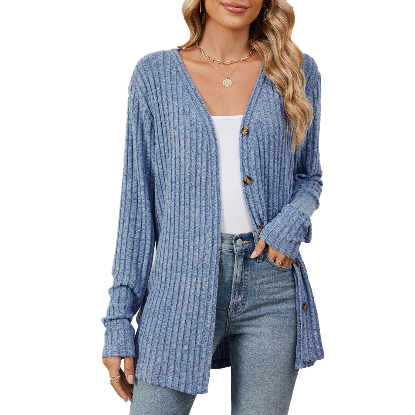Damen lässige Strickjacke mit feiner Rippstruktur und praktischen Knöpfen Stalluxe