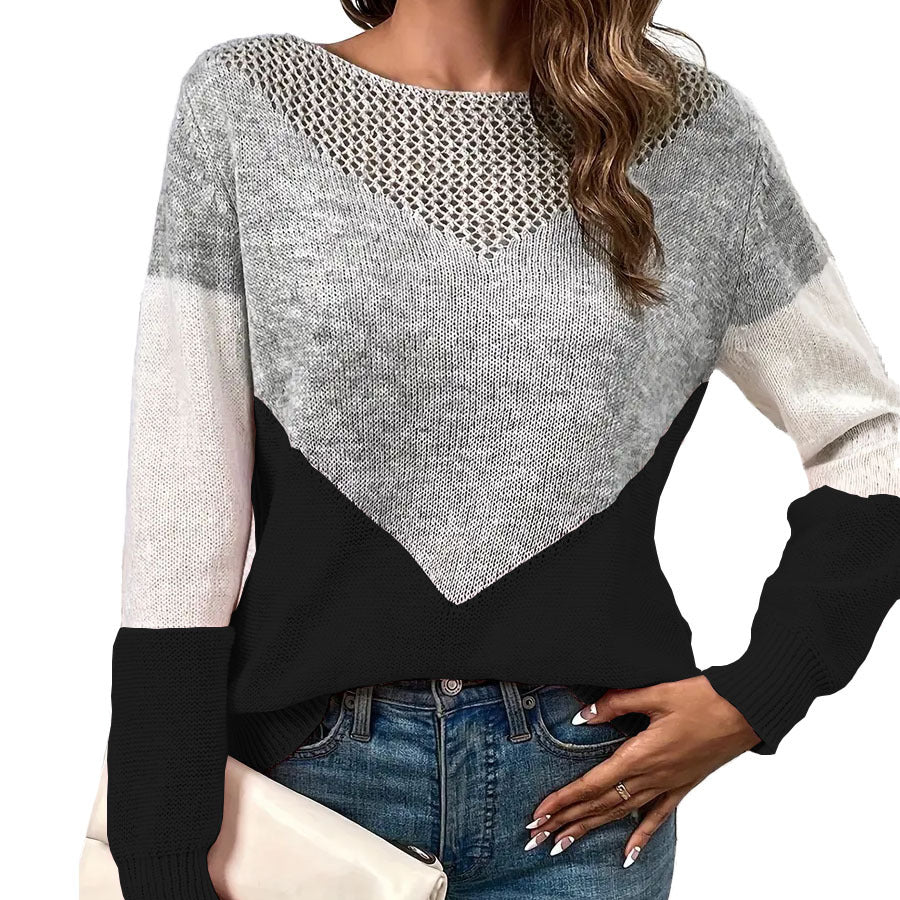 Damen moderner Strickpullover mit kontrastierenden Farbblöcken und V-Ausschnitt Stalluxe