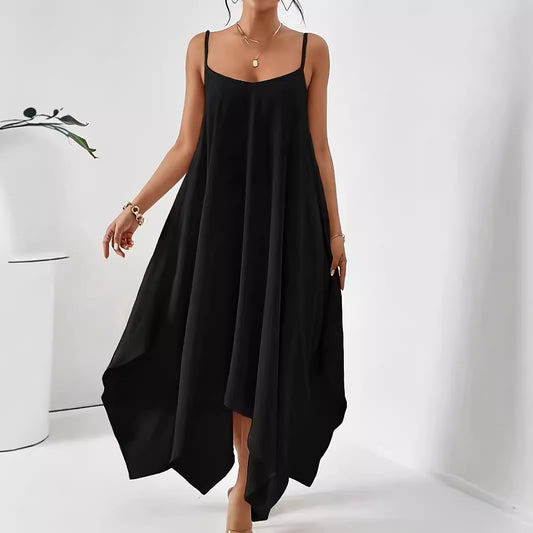 Damen luftiges Maxikleid mit asymmetrischem Saum und schmalen Spaghetti-Trägern Stalluxe