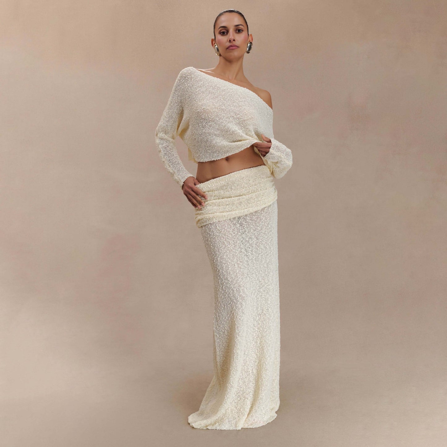 Damen elegantes Set aus Crop-Oberteil und Maxi-Rock mit Rüschendetails Stalluxe