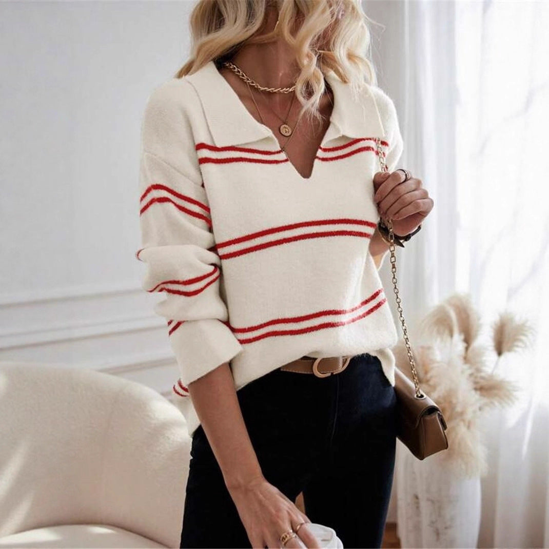 Damen lässiger Pullover mit Polo-Kragen und gestreiftem Design Stalluxe