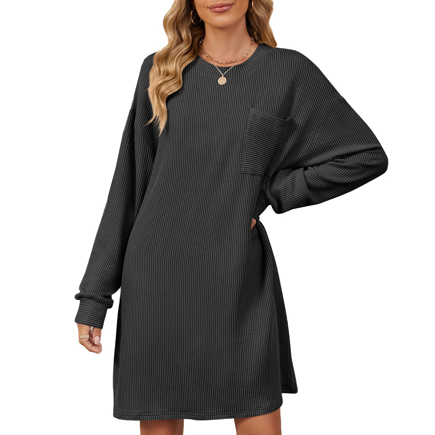 Damen lässiges Langarm Kleid mit praktischen Taschen und modernem Strukturdesign Stalluxe