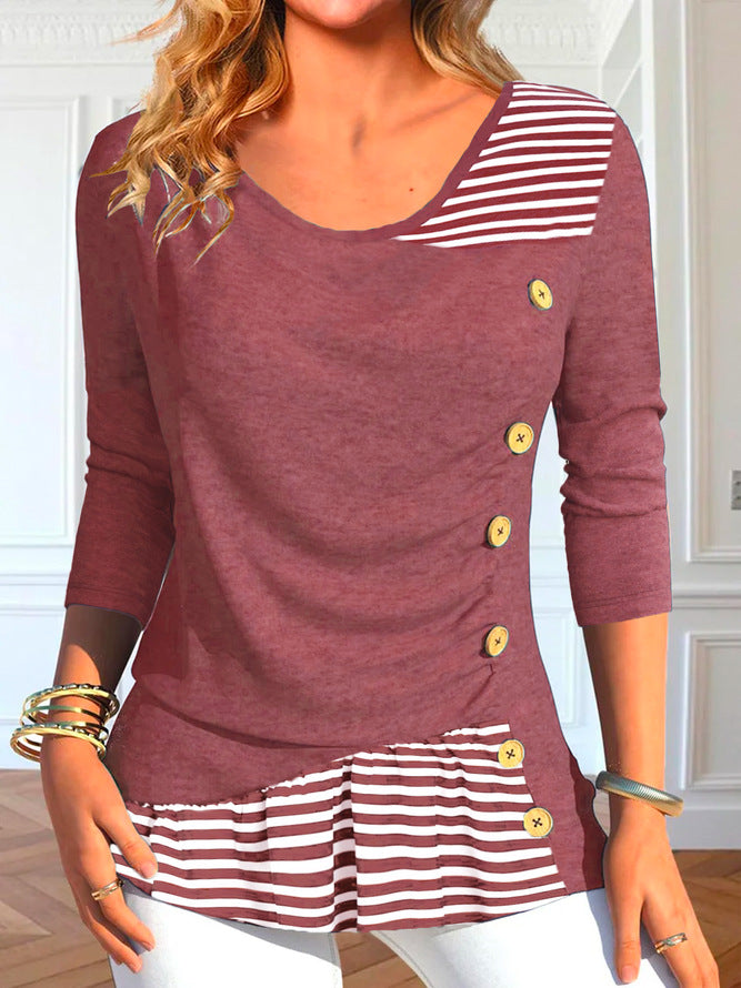 Damen Langarmshirt mit Knopfdetails und gestreiftem Saum Stalluxe