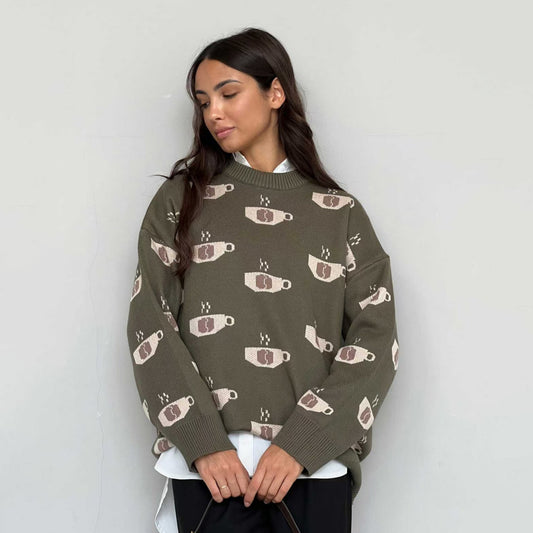Damen Gemusterter Strickpullover mit Kaffeetassen-Motiv und angenehmem Sitz Stalluxe