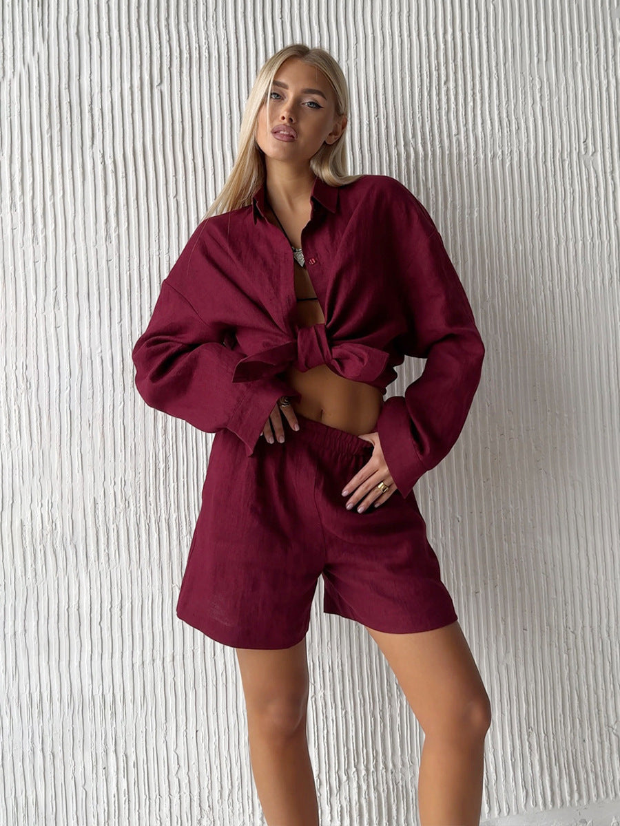Damen lässige Leinenbluse und Shorts Set Stalluxe