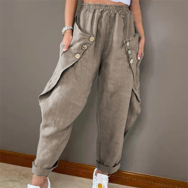 Damen Legere Leinenhose mit Knopfdetails und großen Taschen Stalluxe