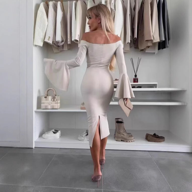 Damen Elegantes Langarmkleid mit weiten Ärmeln und Schlitz Stalluxe