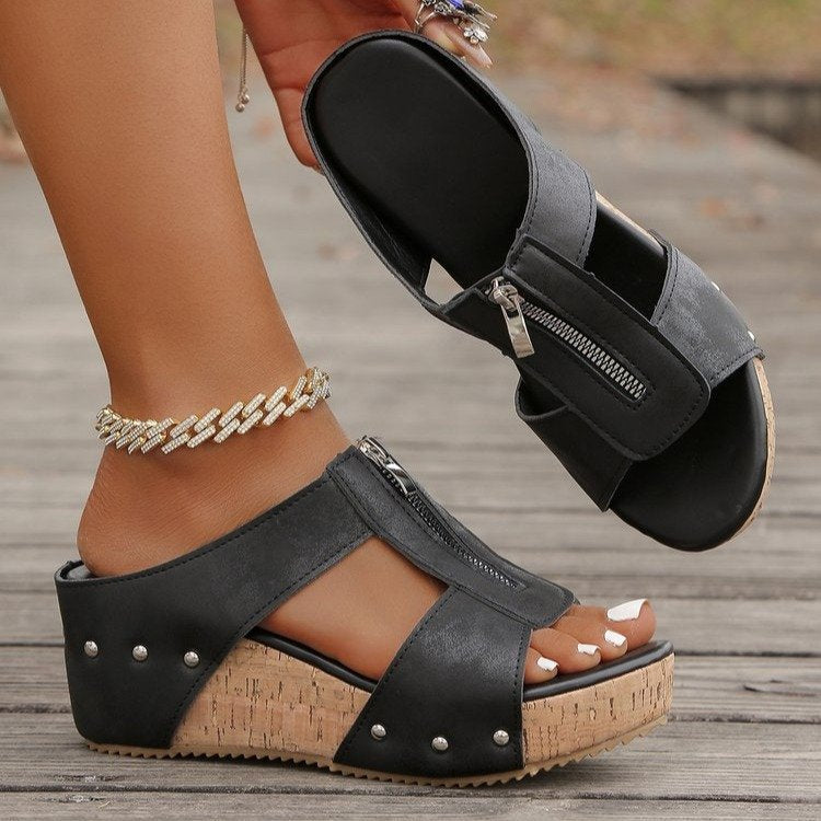 Damen Wedge-Pantoletten mit schickem Zipper und modischen Nieten Stalluxe