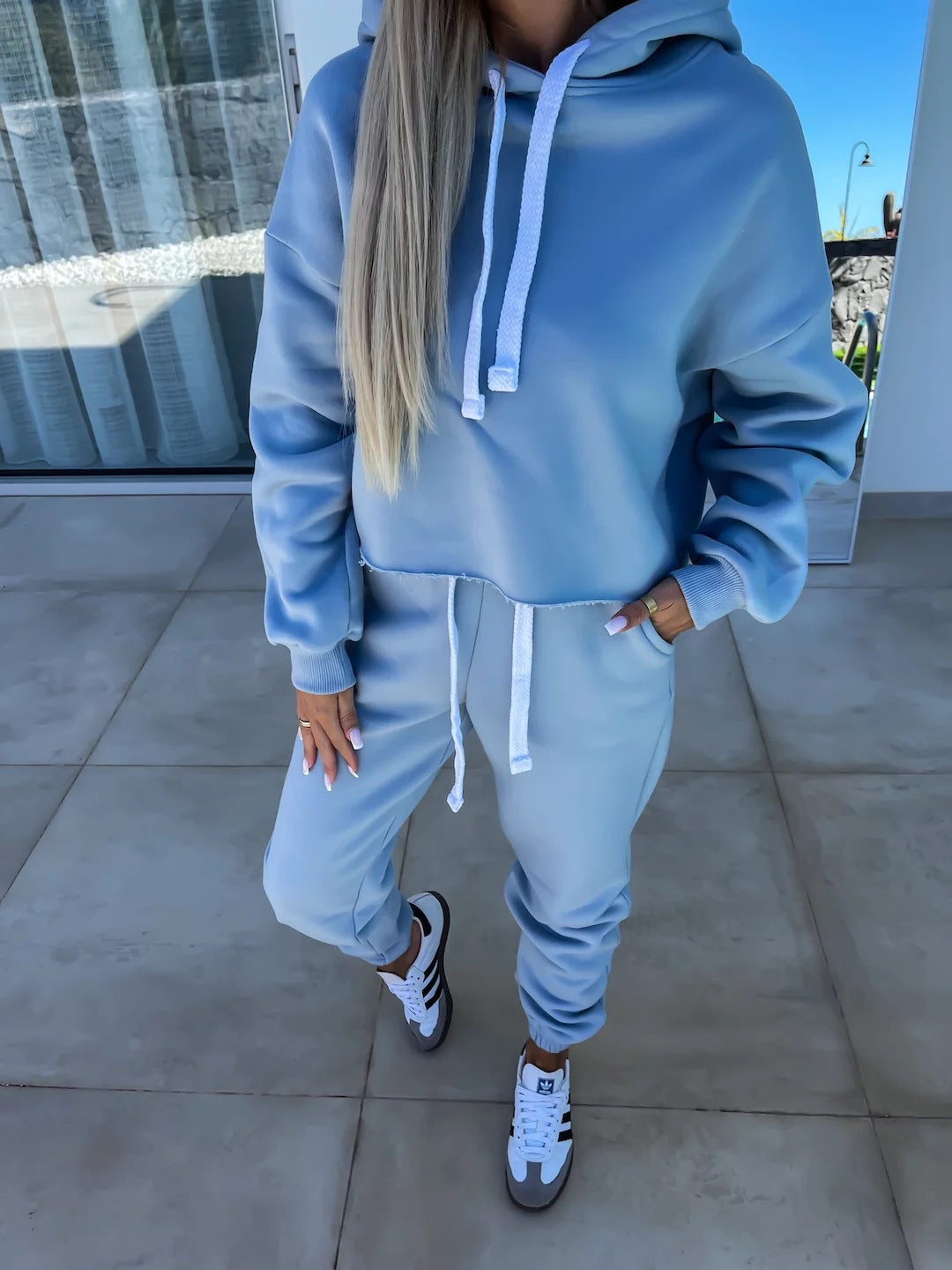 Damen bequemer Cropped Hoodie mit elastischem Bund und lässiger Jogginghose Set Stalluxe