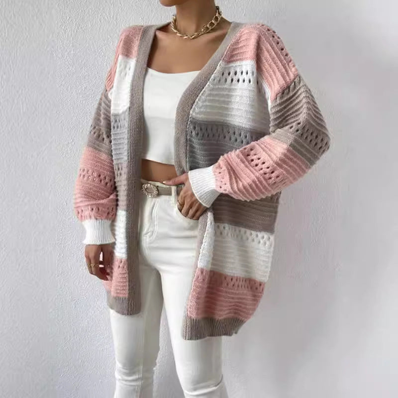 Damen Lässiger Strickcardigan mit modernen Lochmustern und farblichen Blockstreifen Stalluxe