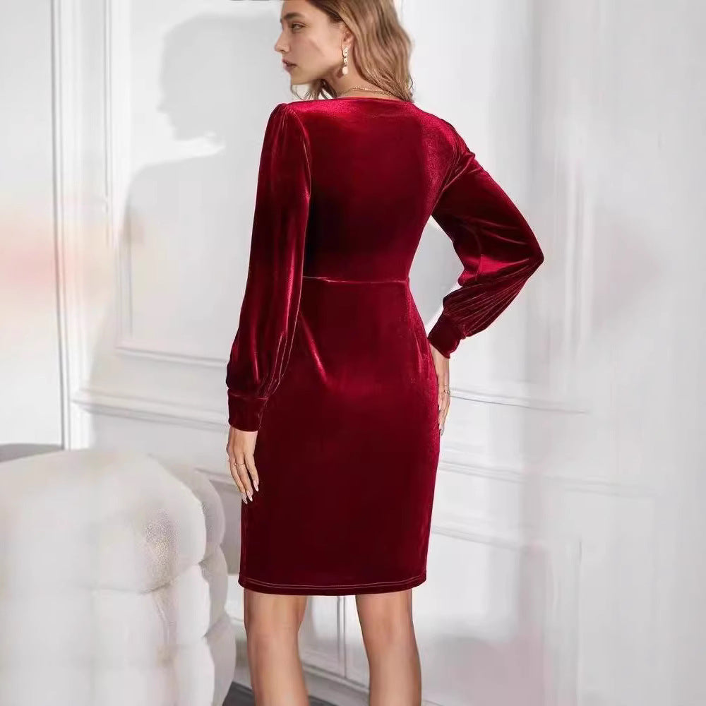 Damen Samt Kleid mit elegantem V-Ausschnitt und Puffärmeln Stalluxe