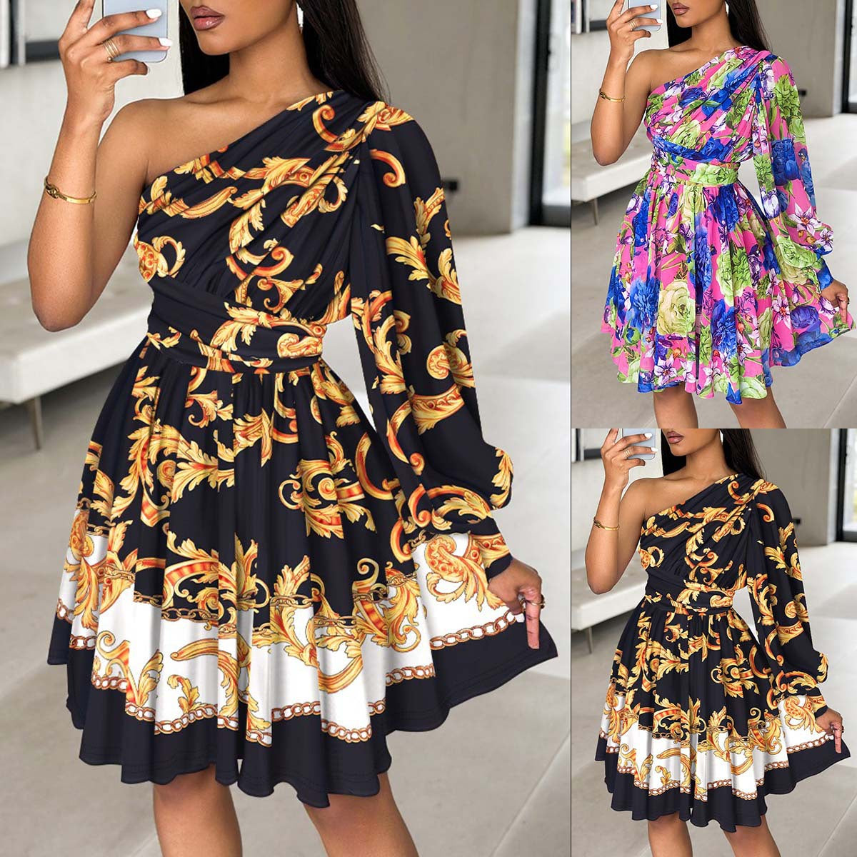 Damen Ein-Schulter Kleid mit voluminösen Ärmeln und floralem Design Stalluxe