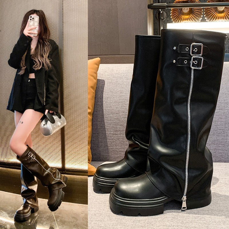 Damen Überknee-Stiefel mit modischem Reißverschluss und verstellbarem Riemen Stalluxe