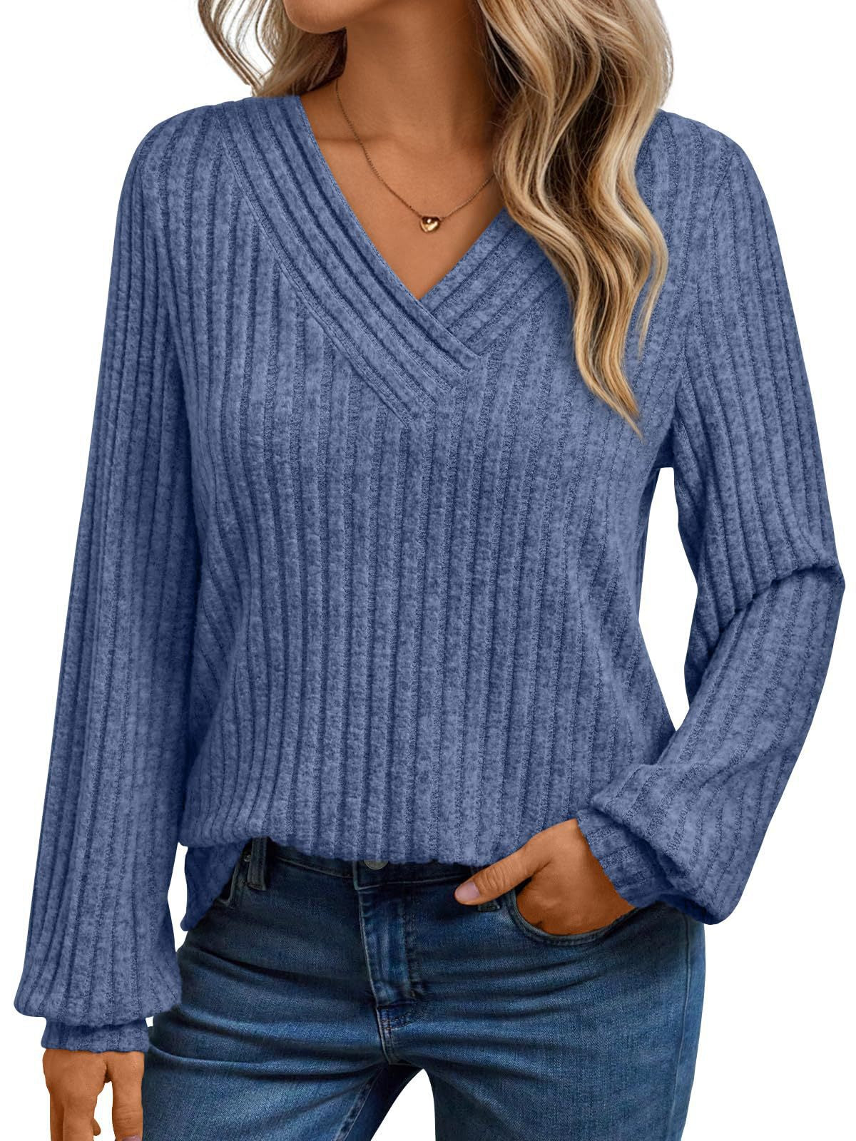 Damen gemütliches Langarmshirt mit strukturiertem V-Ausschnitt Stalluxe
