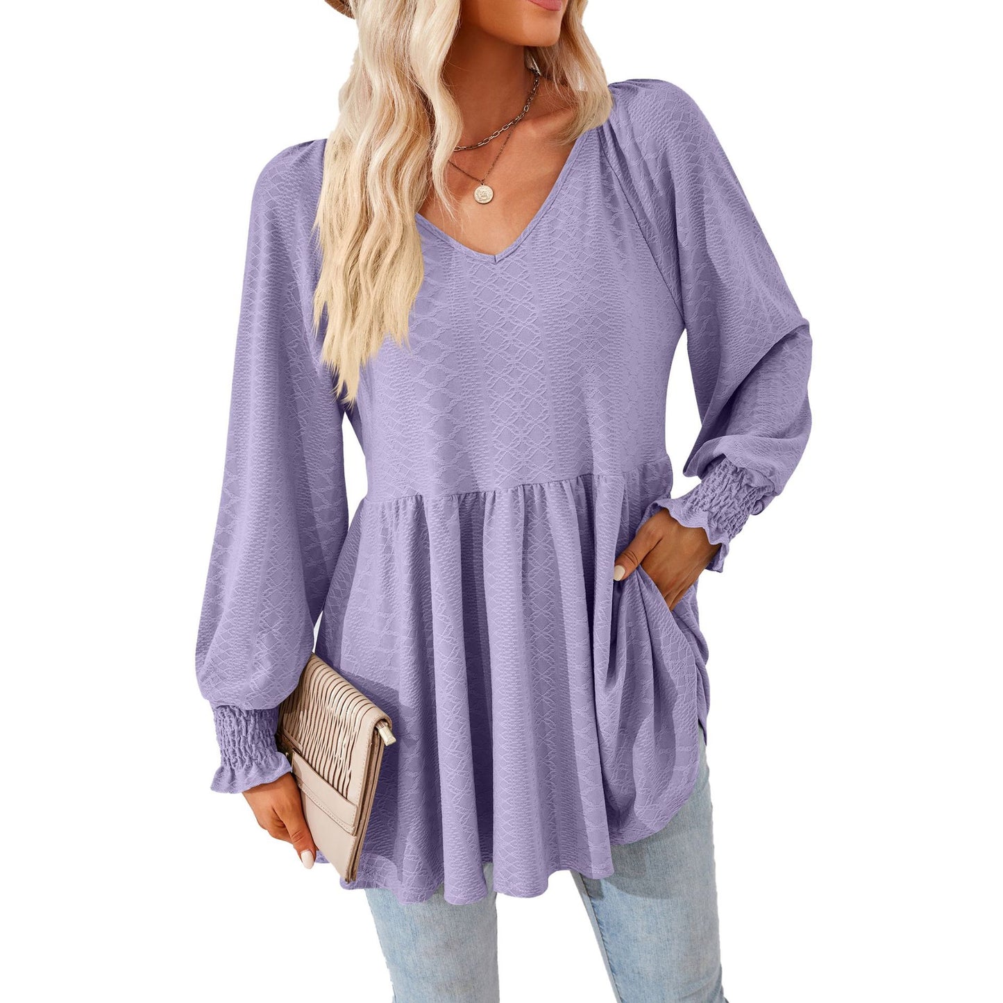Damen lässiges V-Ausschnitt Blusenshirt mit Rüschen und Taschen Stalluxe