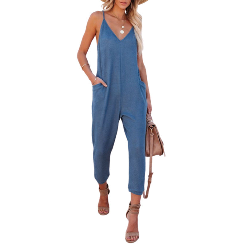 Damen Lässiger Jumpsuit mit tiefem V-Ausschnitt und praktischen Taschen Stalluxe