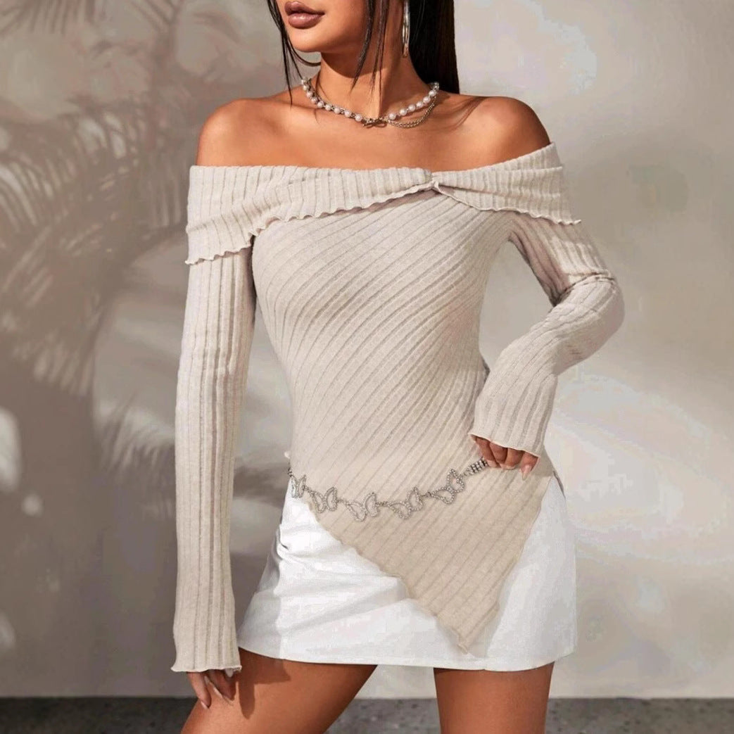 Damen Rippstrick-Oberteil mit Off-Shoulder-Ausschnitt und dekorativer Ausstattung Stalluxe
