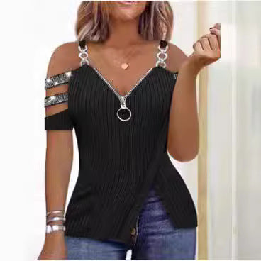 Damen Trendy Off-Shoulder Top mit Reißverschluss und Designer-Riemen Stalluxe
