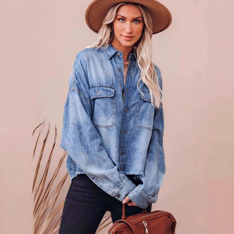 Damen Lässige Denimbluse mit Fransen und aufgesetzten Taschen Stalluxe