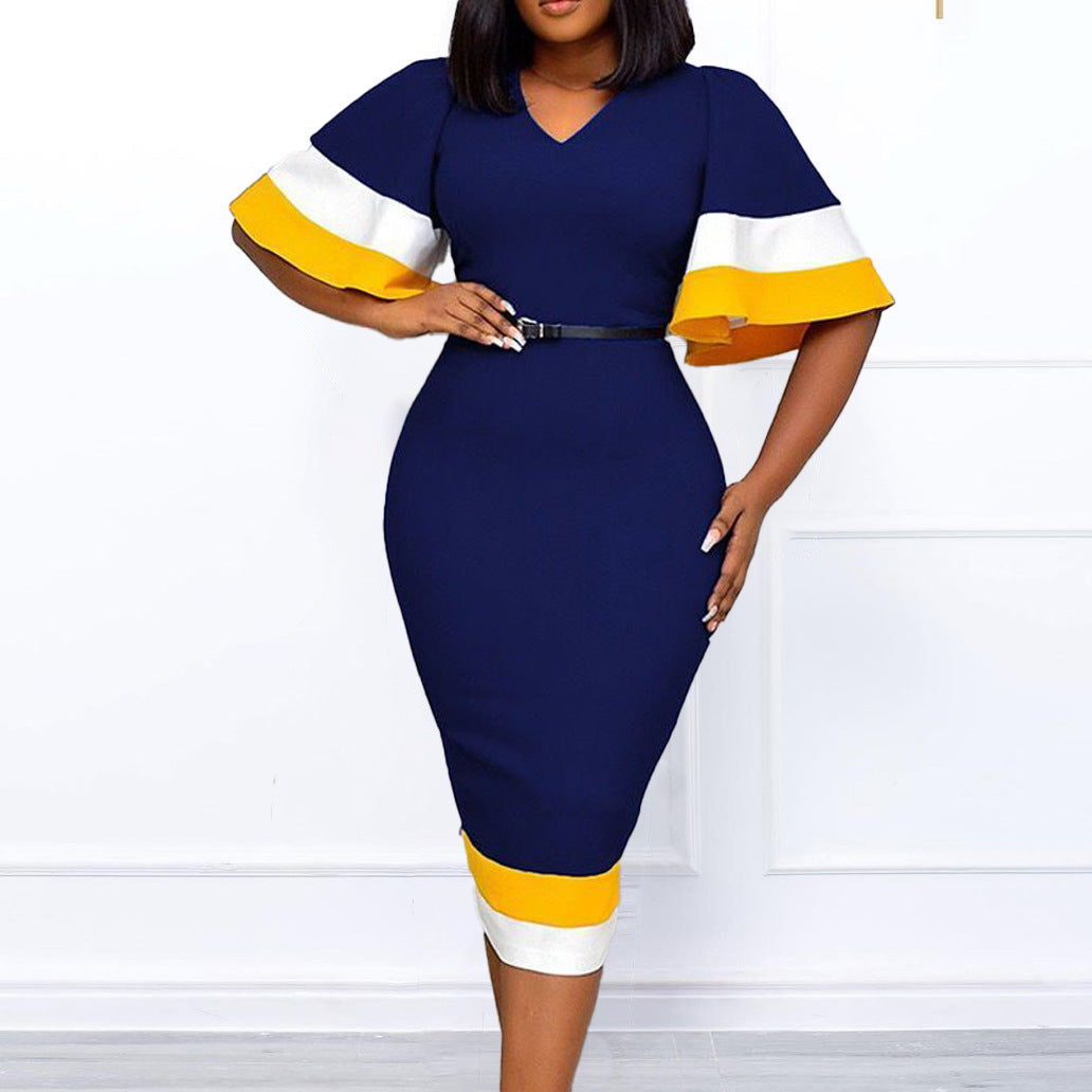 Damen Elegantes V-Ausschnitt Kleid mit kontrastierenden Volantärmeln und Taillengürtel Stalluxe