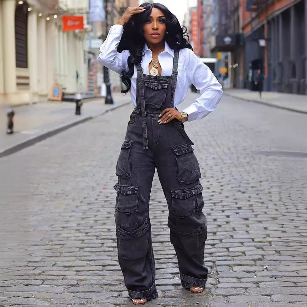 Damen modischer Jeans-Overall mit praktischen Taschen und verstellbaren Trägern Stalluxe