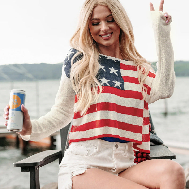 Damen lässiger Pullover mit Flaggenmuster und weiten Ärmeln Stalluxe