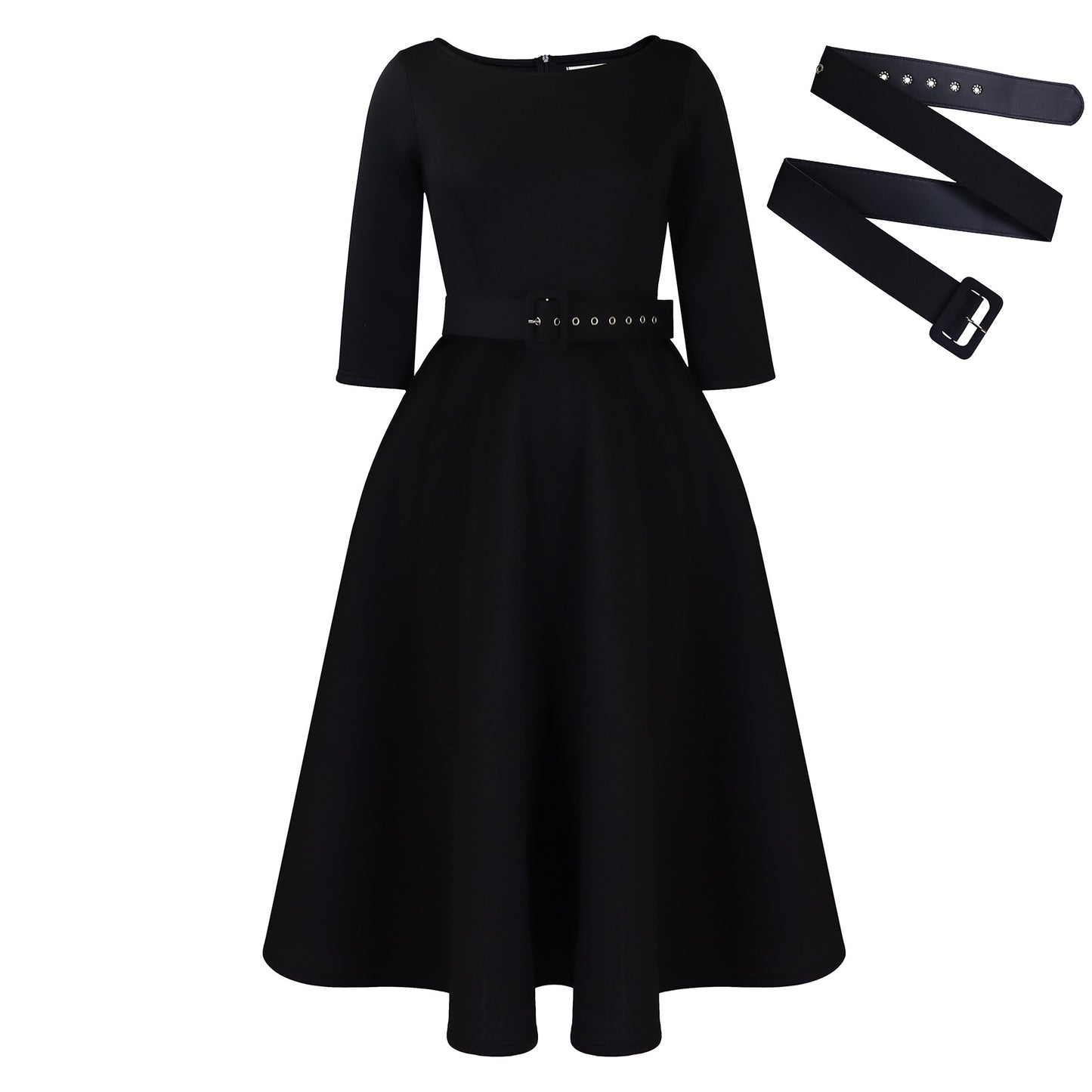 Damen Elegantes A-Linien Kleid mit Gürtel und ¾-Ärmeln Stalluxe
