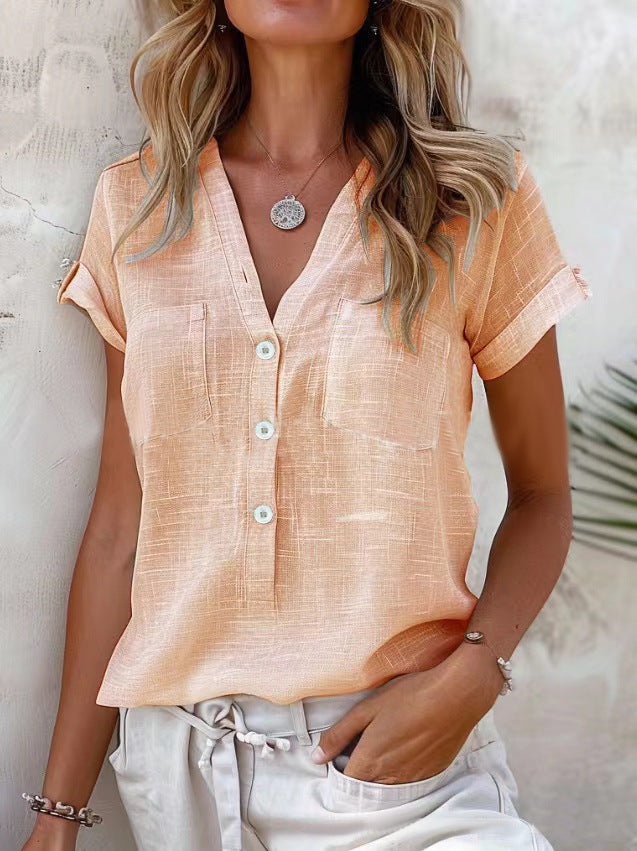 Damen Kurzarm Leinenbluse mit Knopfdetails Stalluxe