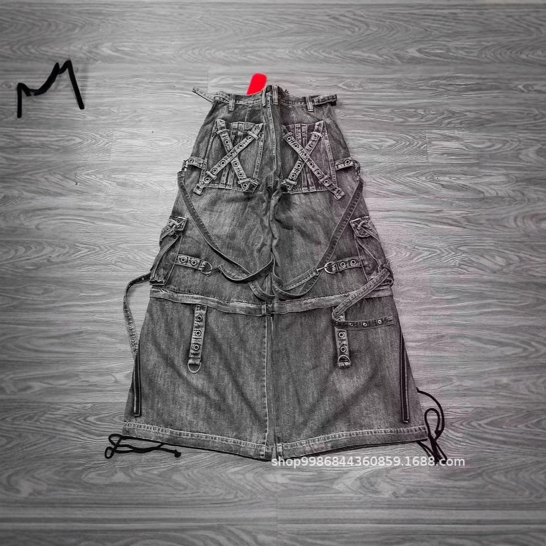 Damen auffällige Denim Latzhose mit abnehmbaren Trägern und vielen Taschen Stalluxe