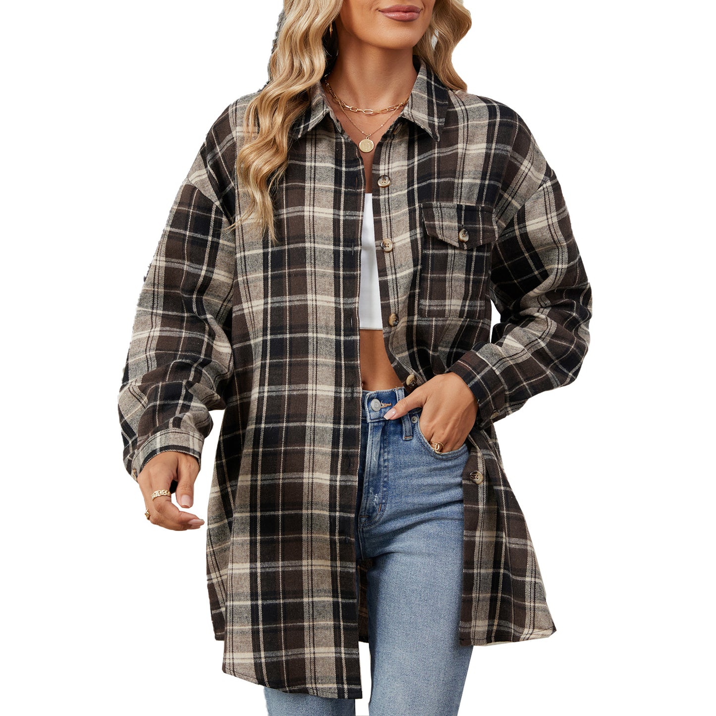 Damen Oversized Karobluse mit legerem Schnitt und Knopfdetails Stalluxe