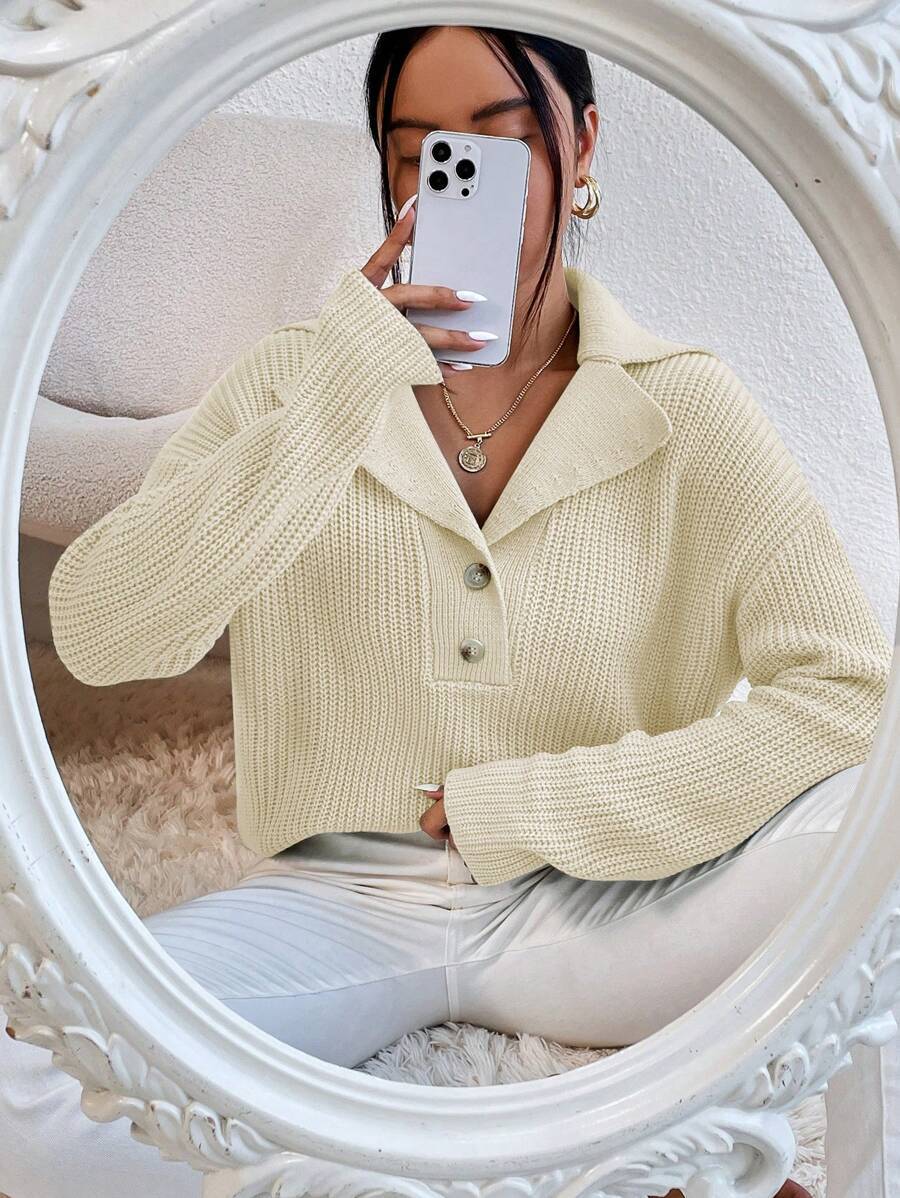 Damen eleganter und lässiger Strickpullover mit Kragen und Knopfleiste Stalluxe