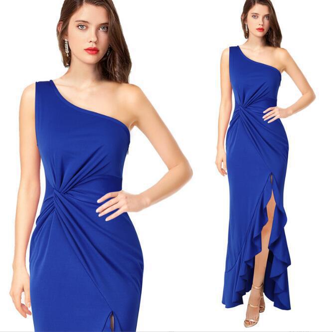Damen Maxikleid mit asymmetrischem Ausschnitt und elegantem Raffdesign Stalluxe