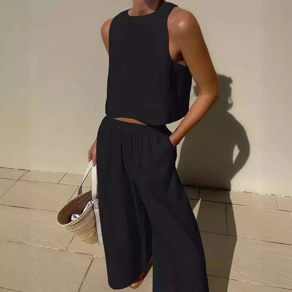 Damen luftiges und modernes Leinen-Set mit Cropped Top und weitem Hose Stalluxe