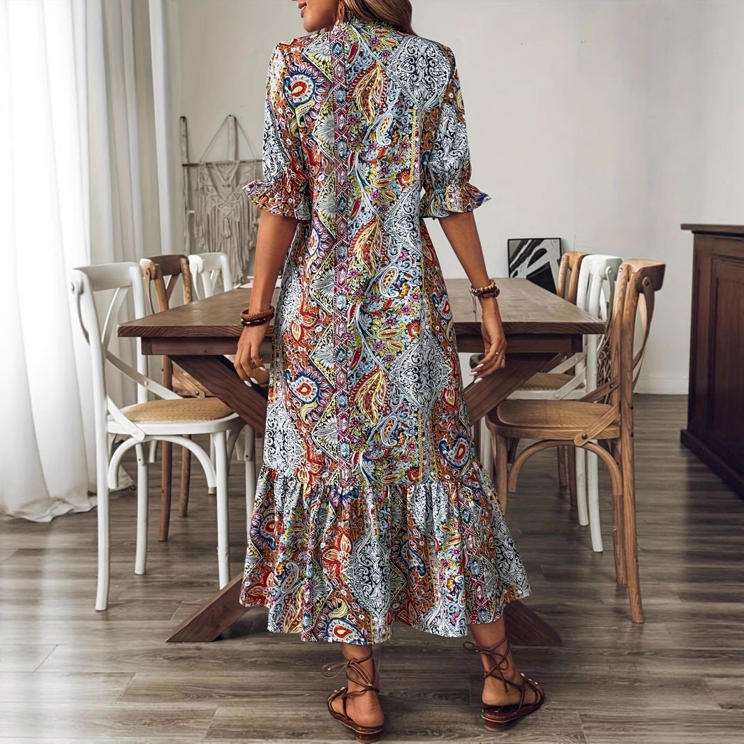 Damen Maxikleid mit buntem Paisley-Muster und modischem Volant Stalluxe