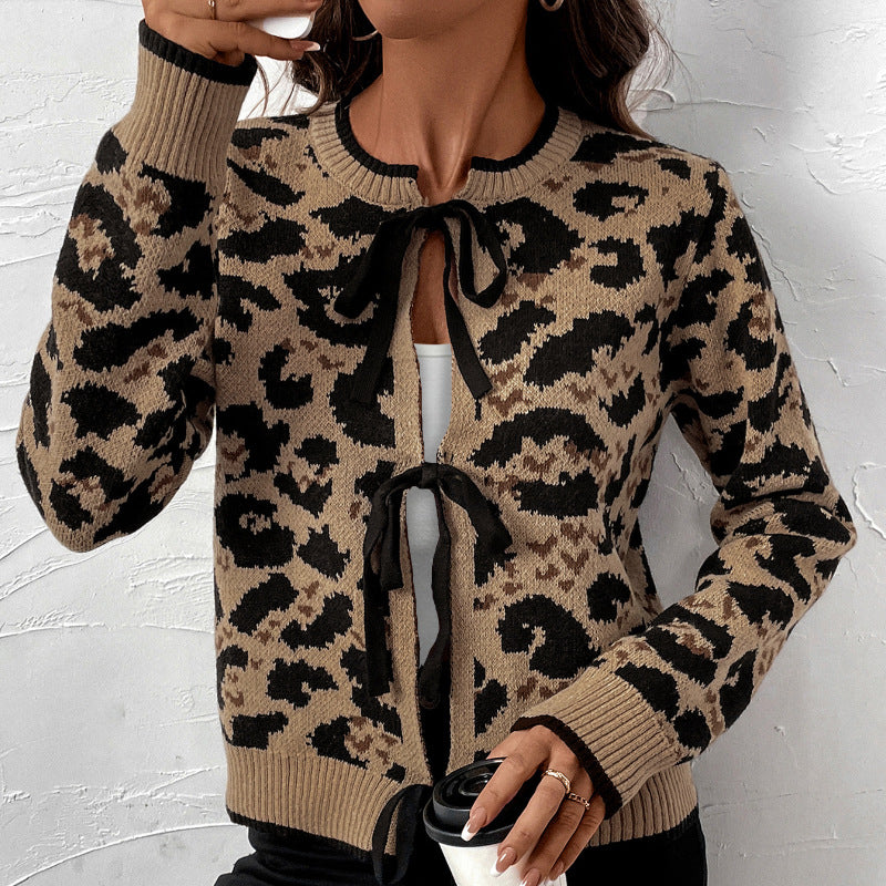 Damen Leo-Muster Strickjacke mit Bändern Stalluxe