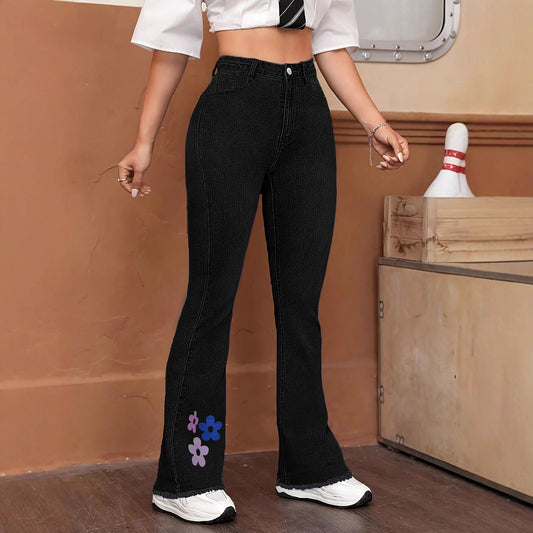 Damen Flared Jeans mit floralem Applikationsdesign und hohem Bund Stalluxe