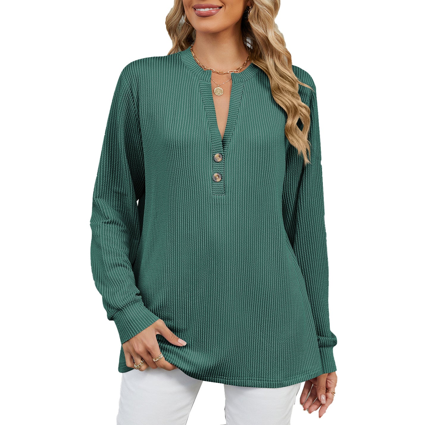 Damen Langarmshirt mit modischem Henley-Ausschnitt und strukturierter Ripptextur Stalluxe