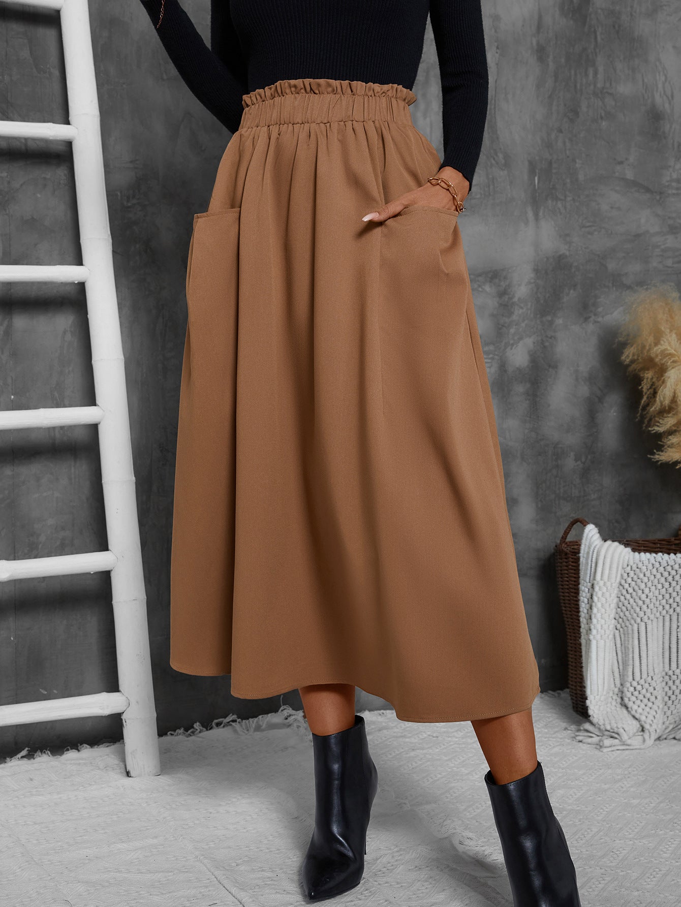 Damen Luftiger Midirock mit elastischem Bund und praktischen Taschen Stalluxe