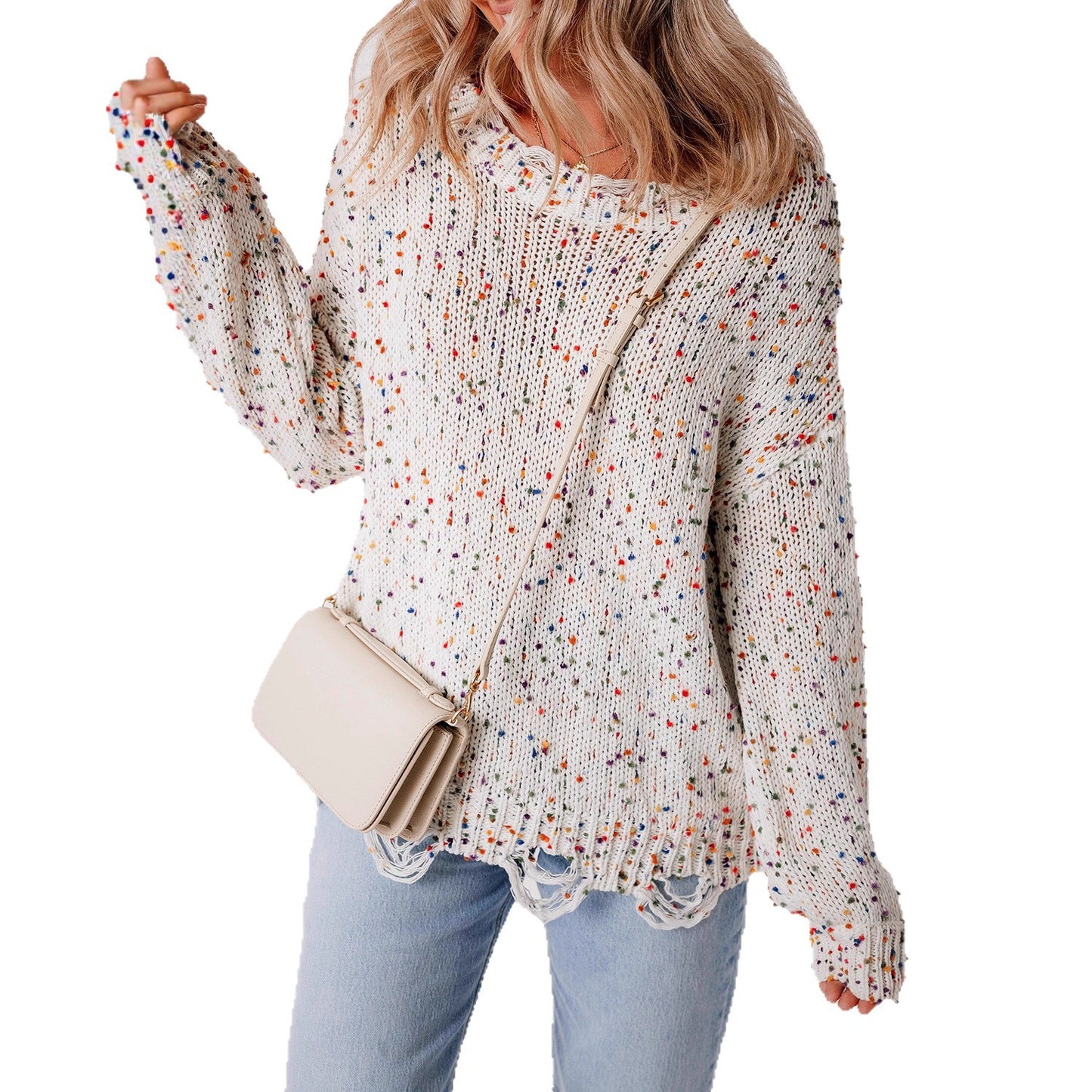 Damen lässiger Strickpullover mit buntem Sprenkel-Design und gemütlichem Rundhalsausschnitt Stalluxe