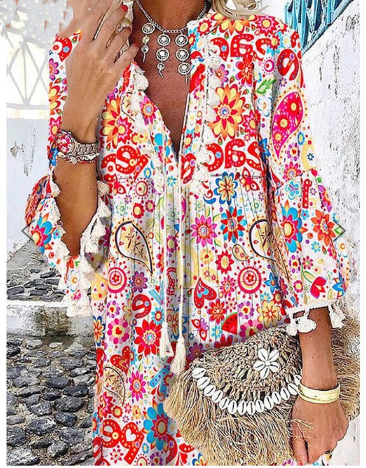 Damen Tunika-Kleid mit kreativem Print und Taschendetails Stalluxe