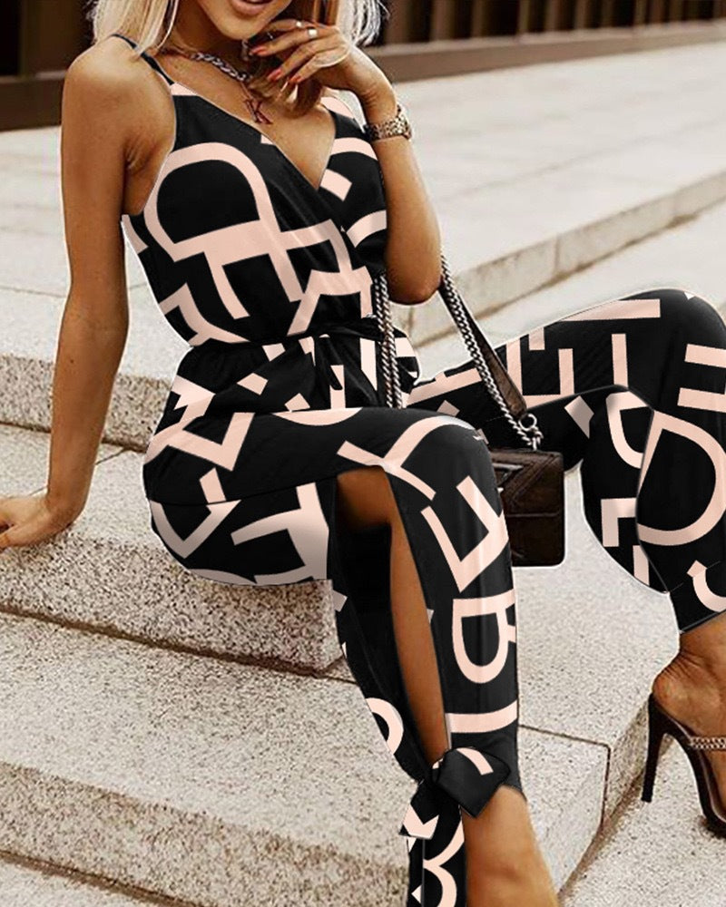 Damen Modischer Jumpsuit mit tiefem V-Ausschnitt und elegantem Druck Stalluxe