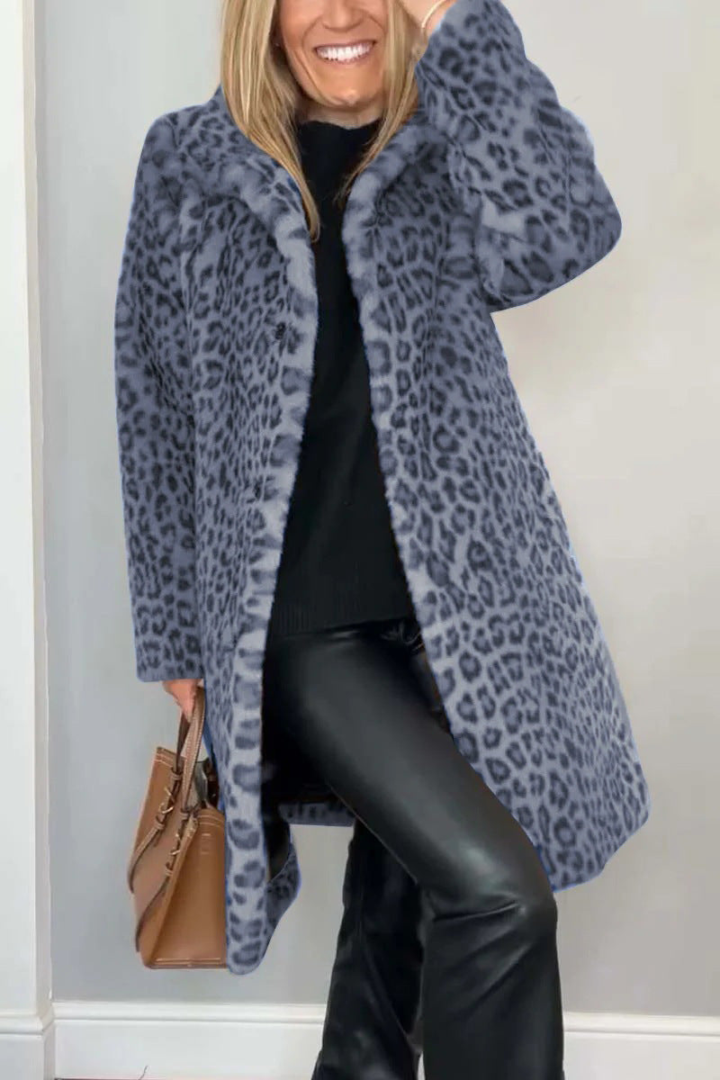 Damen Flauschige Leopardmuster Jacke mit hohem Kragen Stalluxe