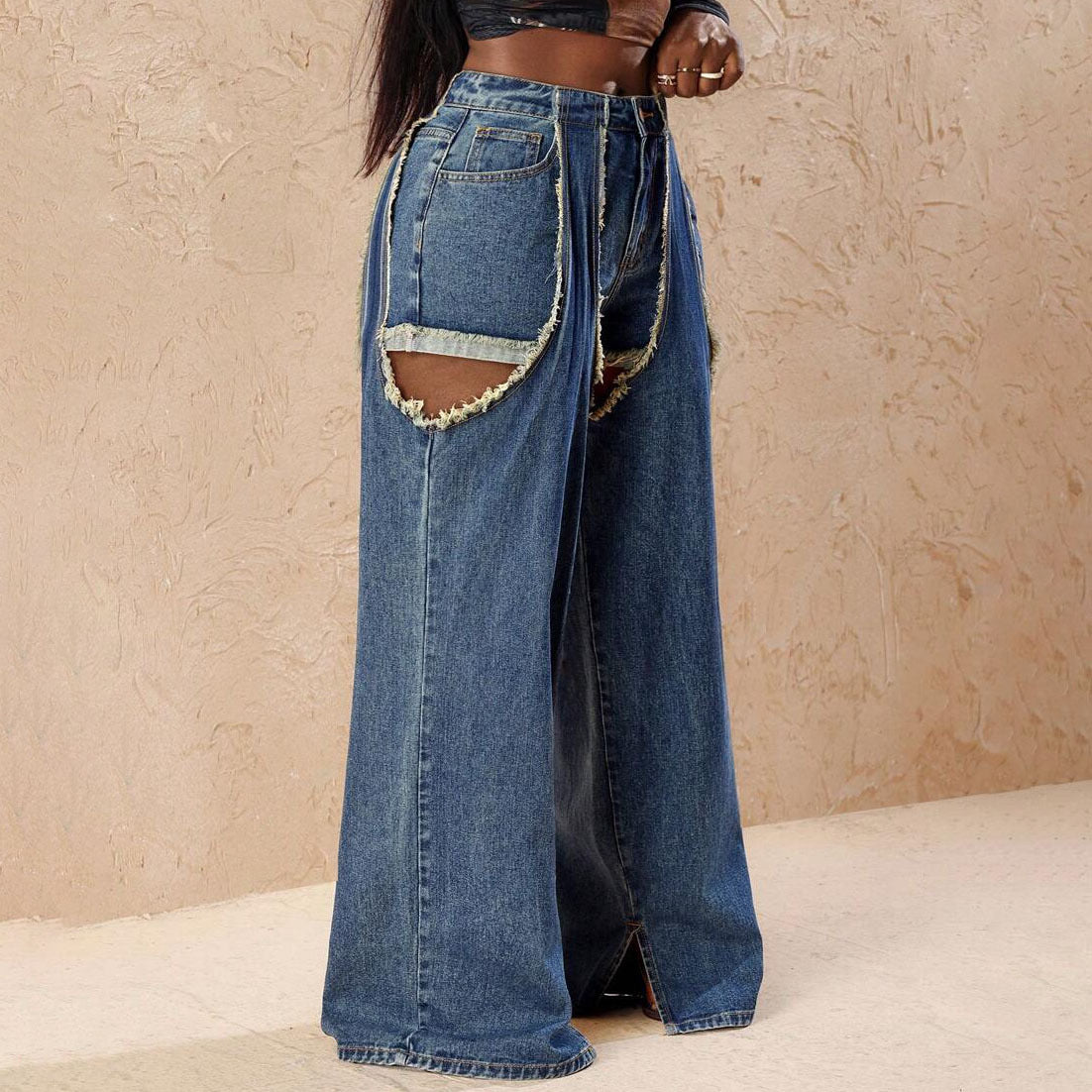 Damen Distressed Wide-Leg-Jeans mit Cut-Out-Details Stalluxe
