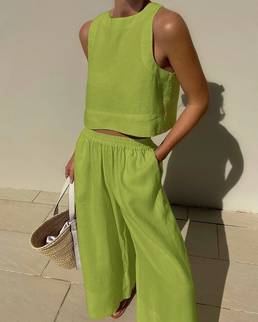 Damen luftiges und modernes Leinen-Set mit Cropped Top und weitem Hose Stalluxe