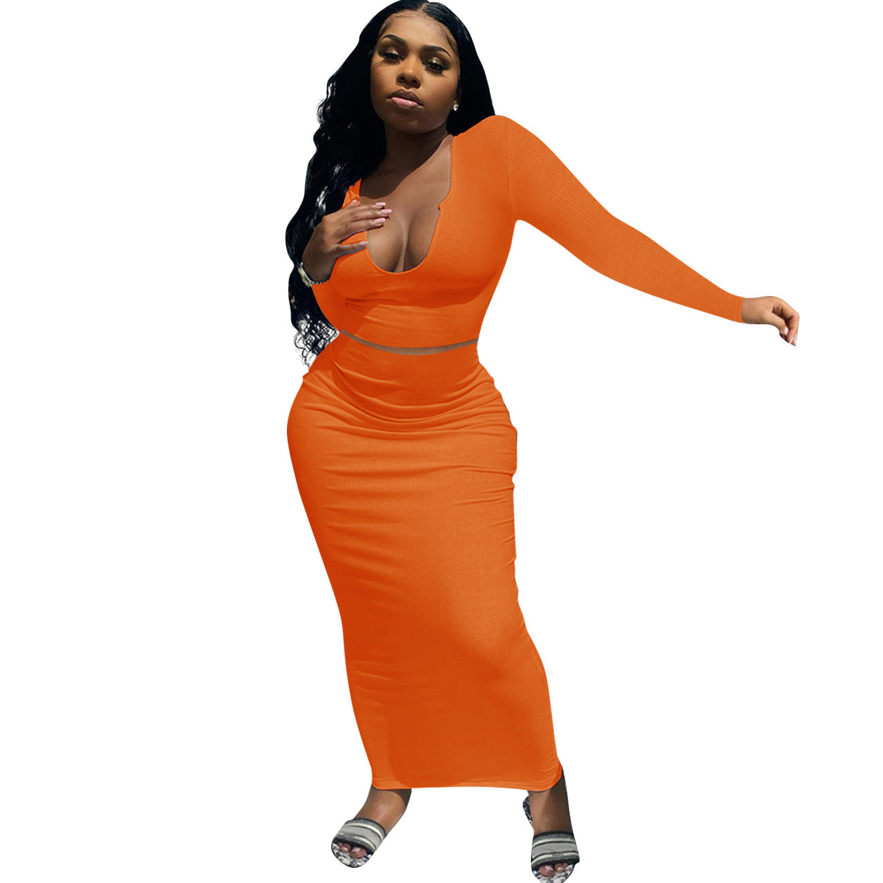 Damen Figurbetontes Maxikleid mit langem Arm und tiefem V-Ausschnitt Stalluxe