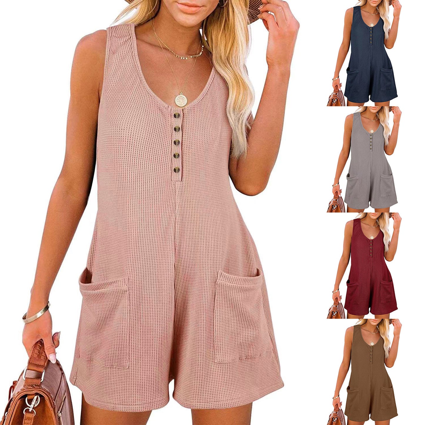 Damen lässiger Kurz-Jumpsuit mit Knopfleiste und Taschen Stalluxe