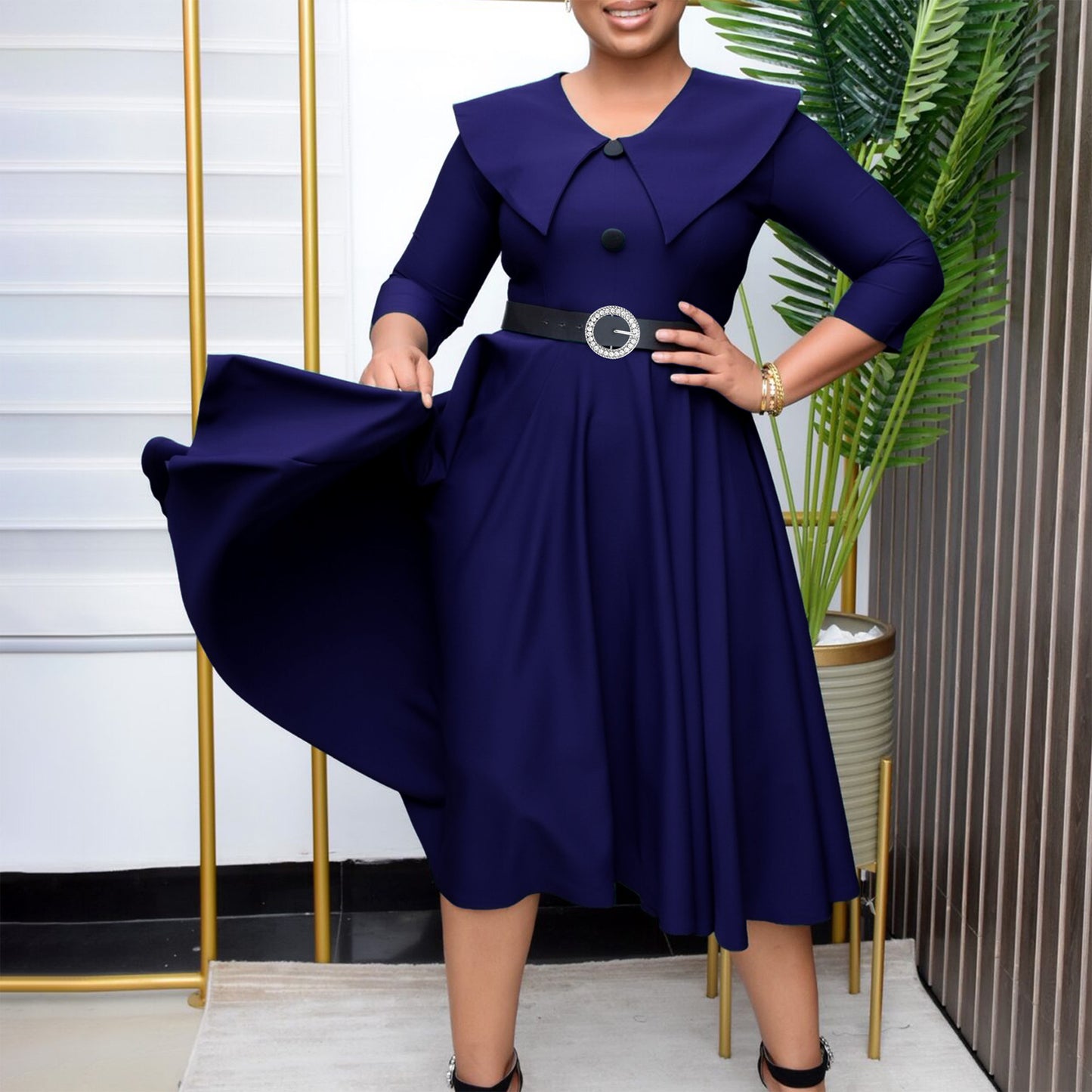 Damen klassisches A-Linien Kleid mit eleganter Kragenpartie und Gürtel Stalluxe
