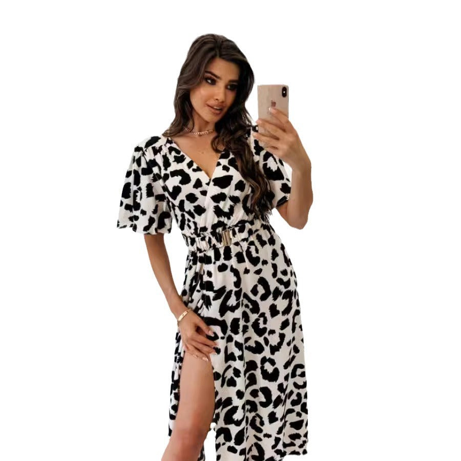 Damen Maxikleid mit Tiermuster und elegantem Taillengürtel Stalluxe